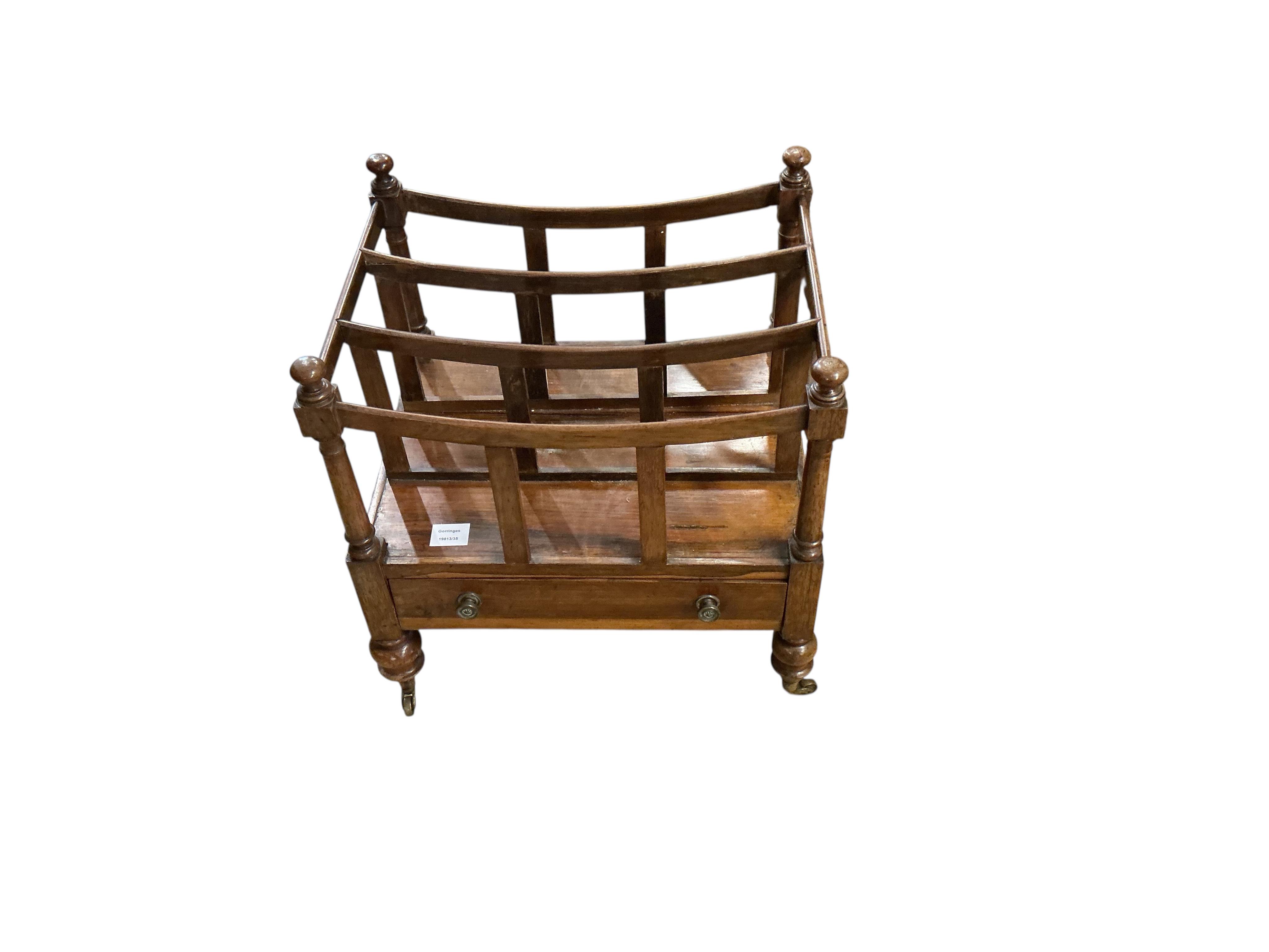 A Victorian rosewood three division canterbury, width 51cm, depth 41cm, height 54cm